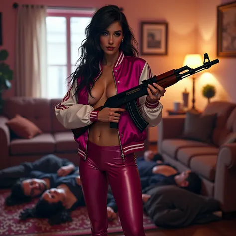 wide depth of field, wide depth of focus, f/11 lens setting, all objects in focus, full color image, raven haired woman with ak47, holding ak47 rifle, living room background, full body image, (two tone magenta and white short cropped soft shiny satin bombe...