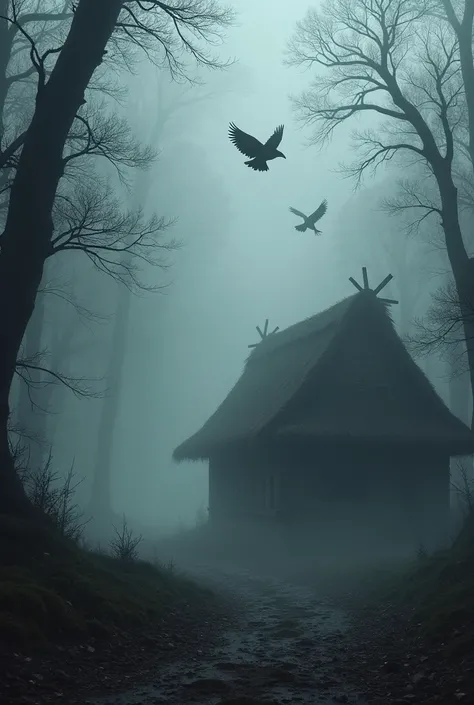 Dark foggy forest, a village hut is barely visible in the distance , crows are circling in the sky 