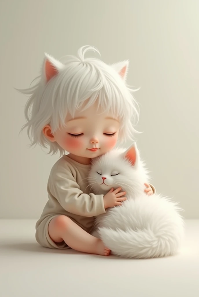 White child with white cat