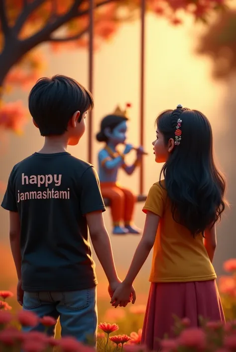 Create a 3D realistic picture “1 couple is worshiping Shree Krishna and Shree krishna is sitting on a swing and playing flute and Boy “aniketk” is written on the boy’s black t-shirts and “Aarti” is written on girls’s tshirt the cou- ple is worshiping and i...