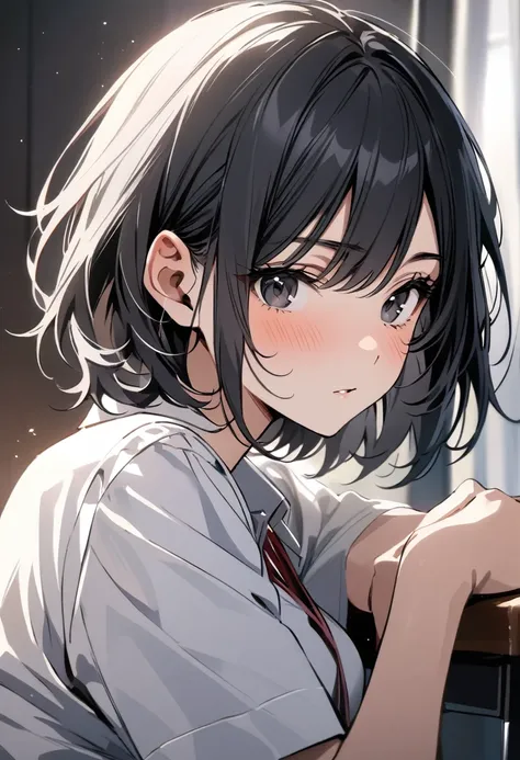 best quality, masterpiece,black hair, black eyes,school uniform, upper body, Fair skin, short hair, girl