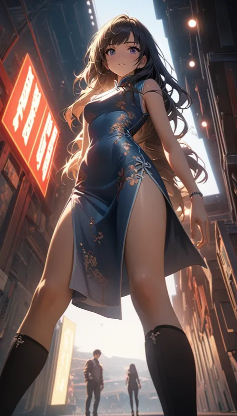 Cheongsam Girl，Long Hair，Pure white background，Depth of written boundary，Low angle view，Calf Level View，Overclocked Renderer，Cinema Lighting，Ultra-fine，Very detailed，complicated，Cinematic Perspective，CG Art，