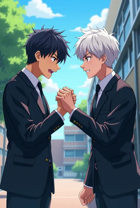 TWO MEN one with short black hair and the other with short white hair gay at school the one with short black hair gay slaps the short white hair gay at school anime