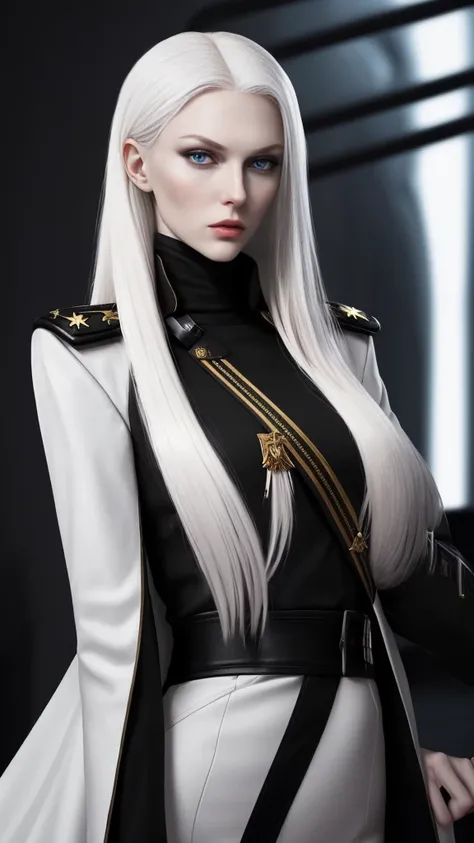 Tall and slender Russian beauty。2。Her platinum blonde hair is half-up。Expressionless and cold。The eyes are kind.。Wearing a jet black cloth military uniform with five-star epaulettes。