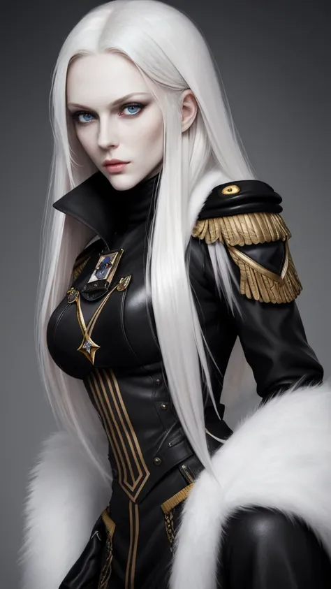 Tall and slender Russian beauty。2。Her platinum blonde hair is half-up。Expressionless and cold。The eyes are kind.。Wearing a jet black cloth military uniform with five-star epaulettes。