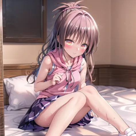 realistically, glowing eyes, ponytail, white short skirt, extra short skirt, Blush, daytime, Wet from the rain, see through, sleeveless shirt, pussy, lying down,mikan yuki, the skirt is flipped up, sly, smug, highest quality, High resolution, highly detail...