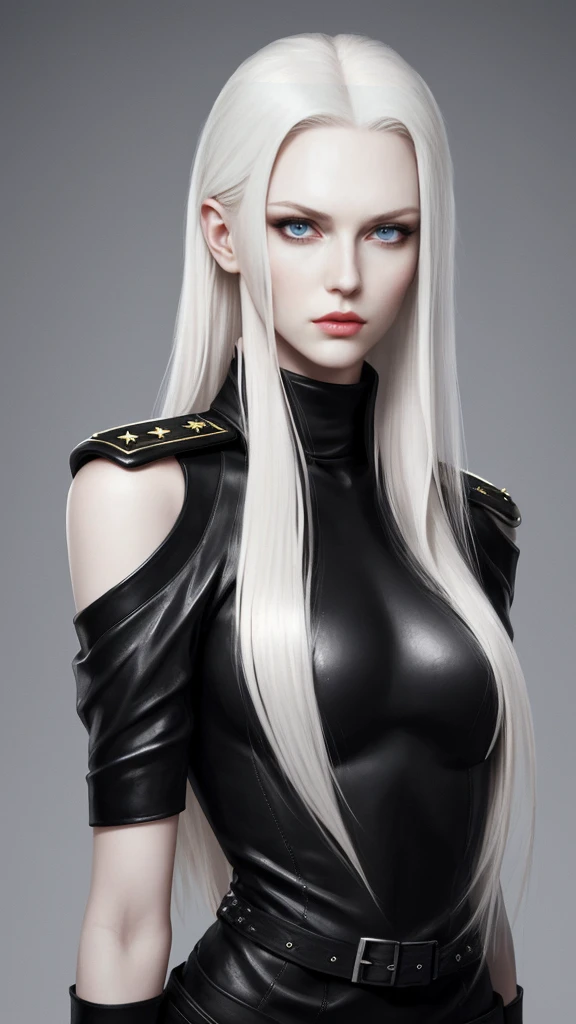 Tall and slender Russian beauty。2。Her platinum blonde hair is half-up。Expressionless and cold。The eyes are kind.。Wearing a jet black military uniform with five-star shoulder straps。