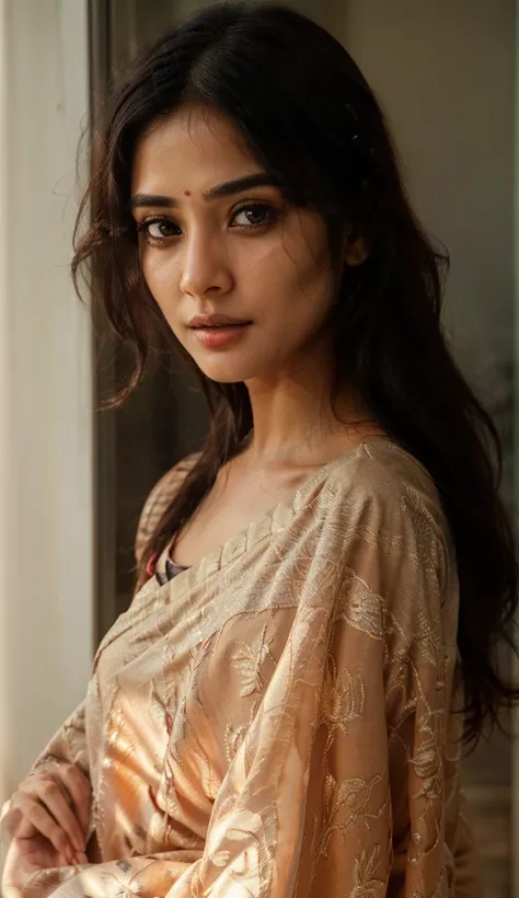 south asian facial features. girl. Should look very beautiful. pretty. Highly detailed and hyper realistic. The skin texture should be highly detailed and extremely accurate. thick black hair and brown eyes. Face must be accurate. Highly detailed face and ...