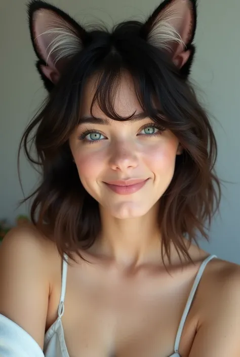 (masterpiece: 1.2, of the highest quality), (Real photo, intricate details), 1 right, Alone, Upper part of the body, Casual, shoulder length hair, minimal makeup, Natural fabric, Closeup of face, smile, Home, by white, blue eyes, cat ears, unclothed