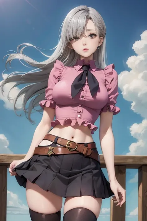 masterpiece, Highest quality, High resolution, Elizabeth, One person, jewelry, Single knee socks, Silver Hair, Hair on one eye, Conceit , abdomen, Black Skirt, Asymmetrical legwear, Pink Shirt, Black knee socks, belt, mini skirt , A skirt where the wind bl...