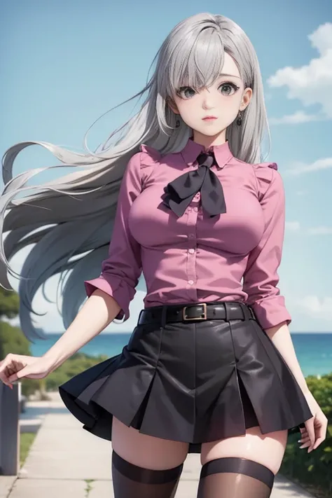 masterpiece, Highest quality, High resolution, Elizabeth, One person, jewelry, Single knee socks, Silver Hair, Hair on one eye, Conceit , abdomen, Black Skirt, Asymmetrical legwear, Pink Shirt, Black knee socks, belt, mini skirt , A skirt where the wind bl...