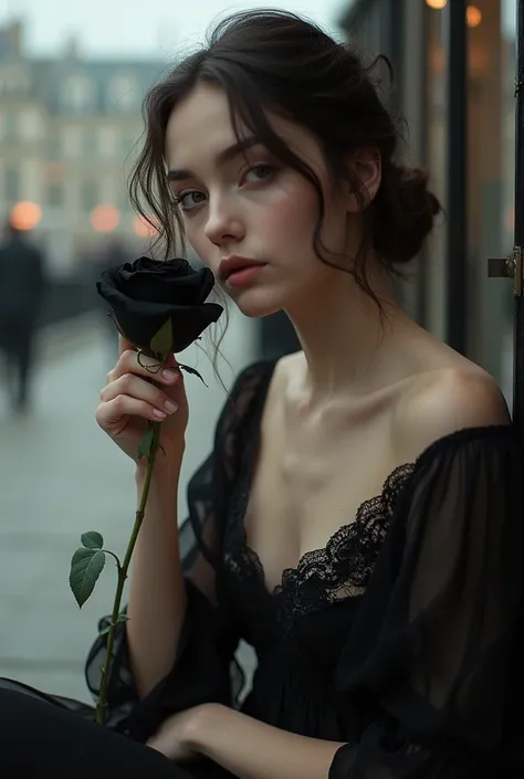  she is so beautiful gril he hand a black rose she is so cut she sitting a london