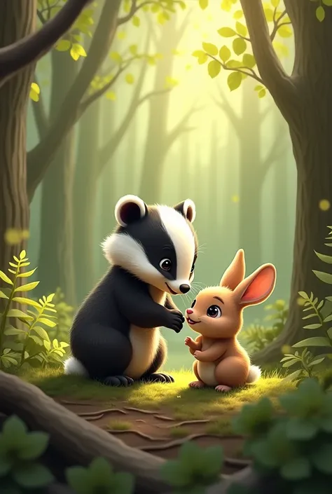 a picture of a little badger and a little rabbit in the forest 