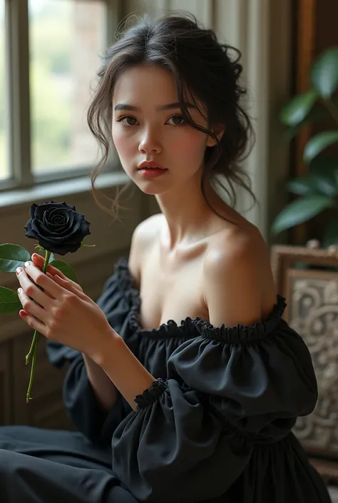  she is so beautiful gril he hand a black rose she is so cut she sitting a Paris 
3d