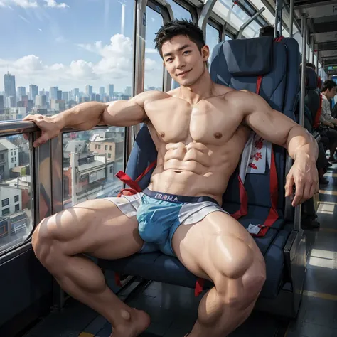 Create an image of a sexy Asian man smiling, wearing underwear, sitting on a sky train.