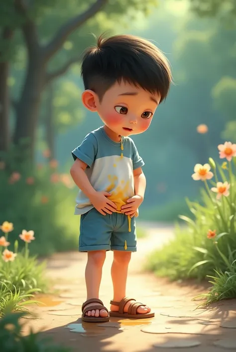 A little Chinese boy ，The normal body shape is somewhat thin，He wears light blue and white short sleeve shirts，Light blue shorts，Brown sandals，Playing in the park。At this point he felt a strong urge to urinate，Cover your crotch firmly with your hands，But i...