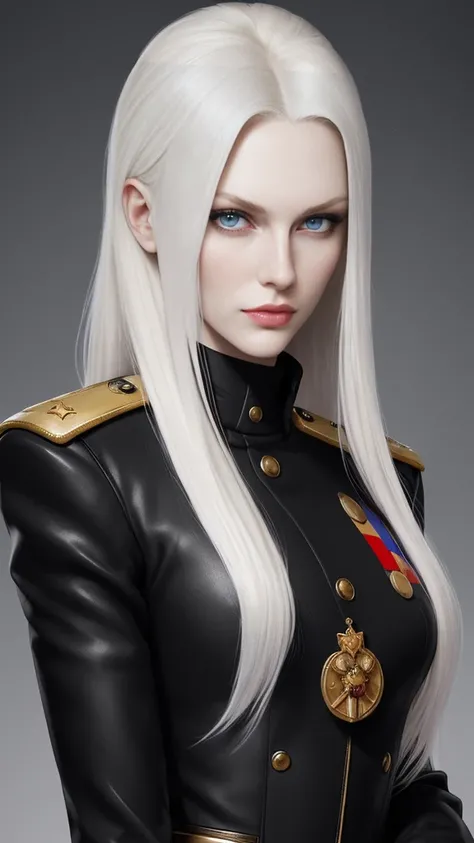 A tall, slender Russian beauty with kind eyes。Age 2。Her platinum blonde hair is half-up。Wearing jet black military uniform with five-star epaulettes。*Cloth military uniforms。