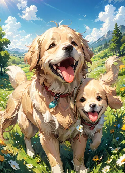 masterpiece, best quality, happy Golden retriever, tongue out, smile, playing in a meadow, greenery, very aesthetic, happy sunny atmosphere