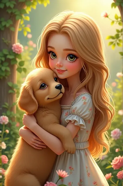 One teenage girl wearing dress with her golden retriever puppy in her hand on the garden 