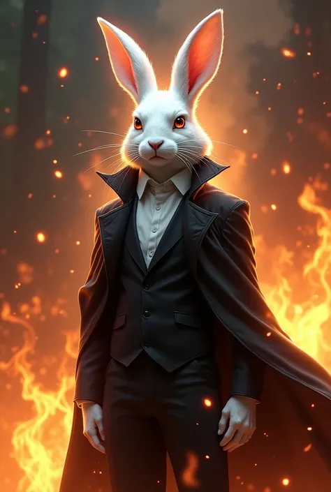 Powerful magical humanoid white rabbit in black suit surrounded by flame 