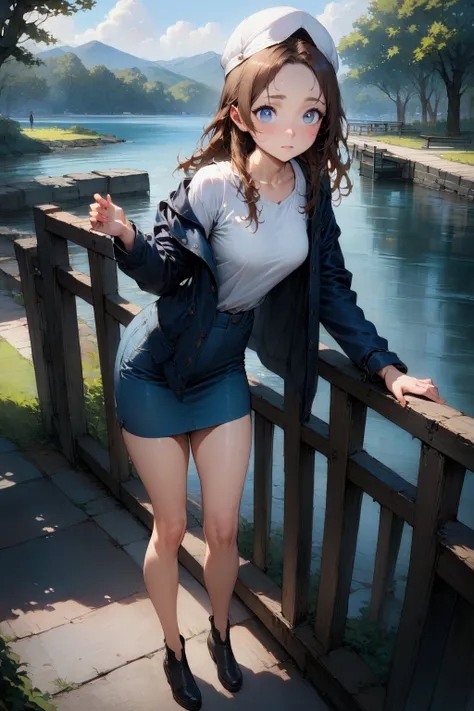 realistic anime illustration of pretty young girl is leaning against fench rail at lakeshore in public park, she has a brown hair (forehead, white cap), wearing navy-blue jacket, white t-shirt, light-blue denim pencil skirt, (1girl, solo, full body), (mast...