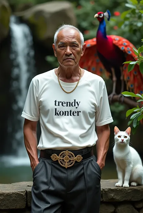 Indonesian man, 40 years old, dashing, white skin, looking at the camera, white satin t-shirt that says "TRENDY KONTER" dark mountain trousers with a keris motif, walking beside a small waterfall, there is a white cat and a red peacock with flowering wings