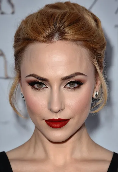 A waist-up portrait of a beautiful female whose facial features are a combination of Molly C. Quinn + Samaire Armstrong. The female has lovely makeup on her face. The female wears red lipstick. Symmetrical eyes. Symmetrical face. Lovely details. Photoreali...