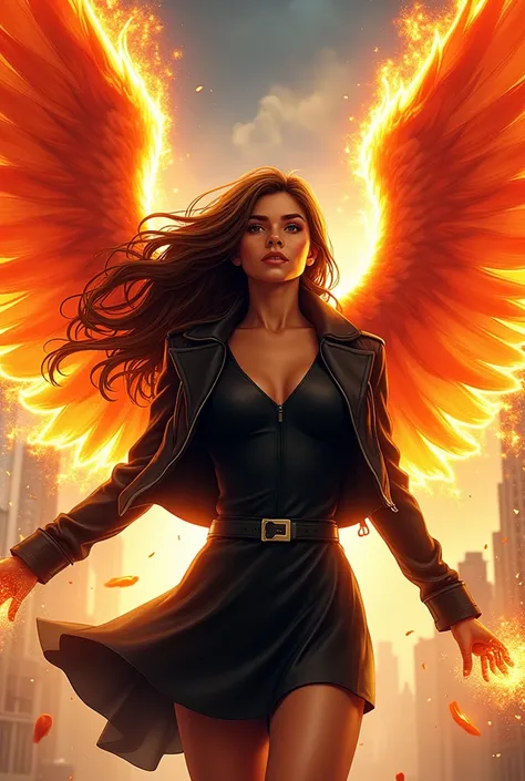 Woman age27 hair color brown wear jacket black and wear skirt black skin color tan have phoenix wing using a power phoenix force Make it in marvel comic panel