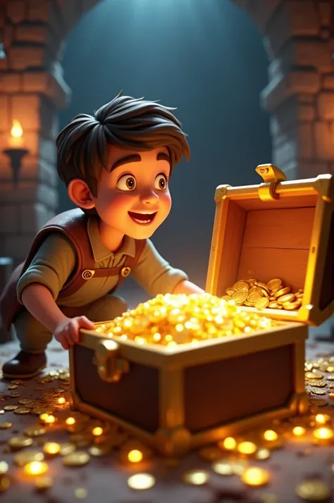 Cinematic 3d cartoon style Treasure Chest: The young man discovering a chest overflowing with gleaming gold and jewels in a hidden chamber.