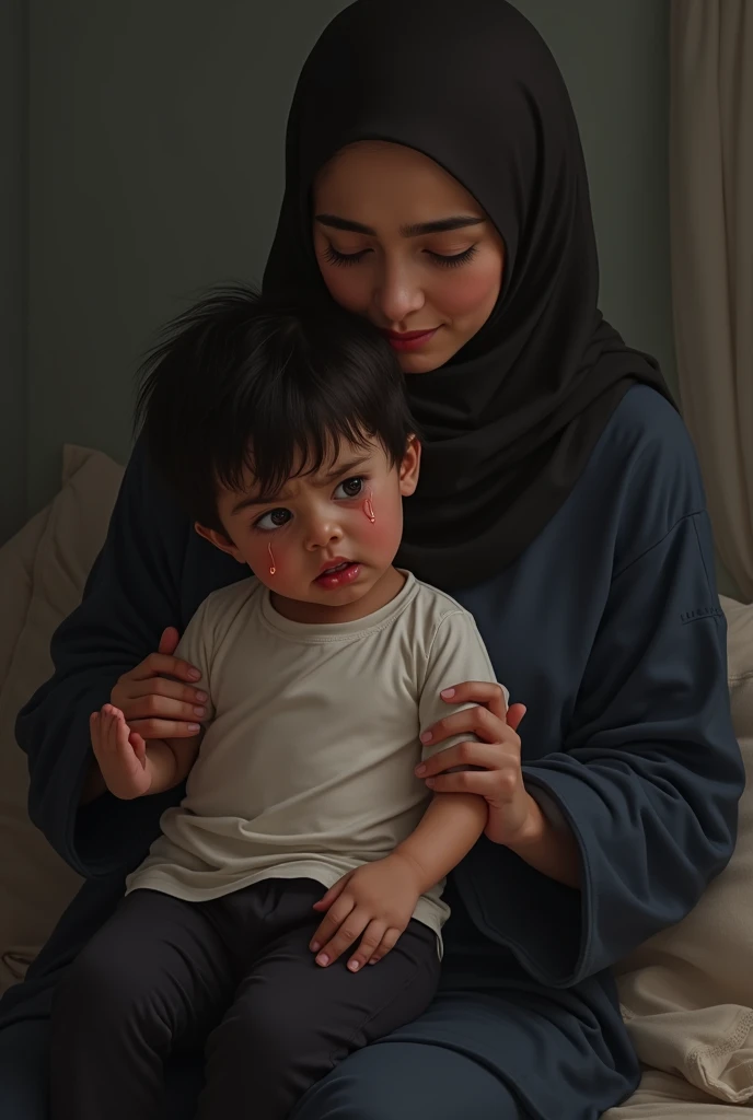 A picture of a  wearing a t-shirt and a black pajama sitting on his mothers lap crying and his mother wearing a hijab