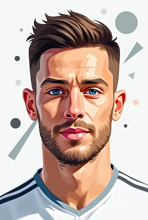 A highly stylized, low poly, block-style vector portrait of Ben matt turner arsenal, a professional footballer, in a three-fourth passport-sized photo, featuring a simplified, geometric representation of his facial features, including his bright blue eyes,...