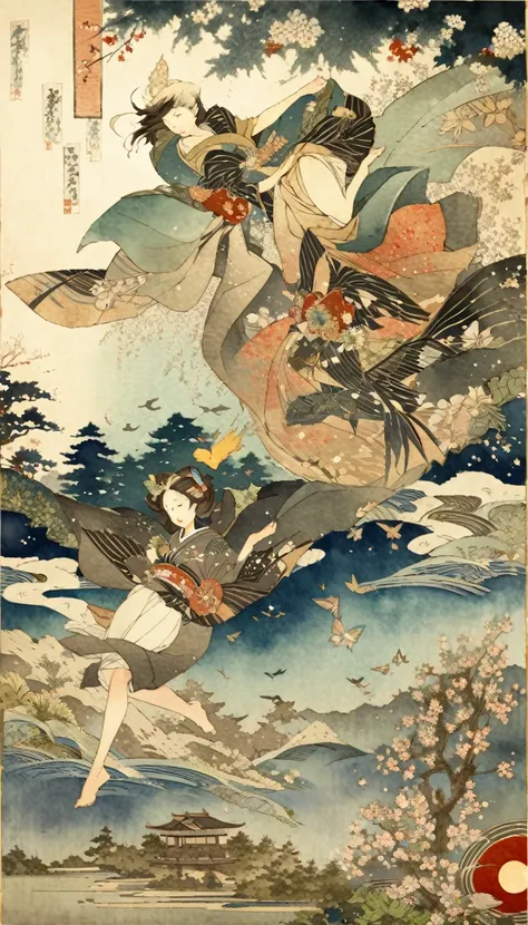 Ukiyo-e, Japanese painting, woodblock print, watercolor,early morning，The sun shines on the leaves of the forest，Birds flying in the sky，Butterflies dancing among the flowers。 (Extremely detailed, Absolute resolution, best quality:1.3), 2.5D, Delicate and ...