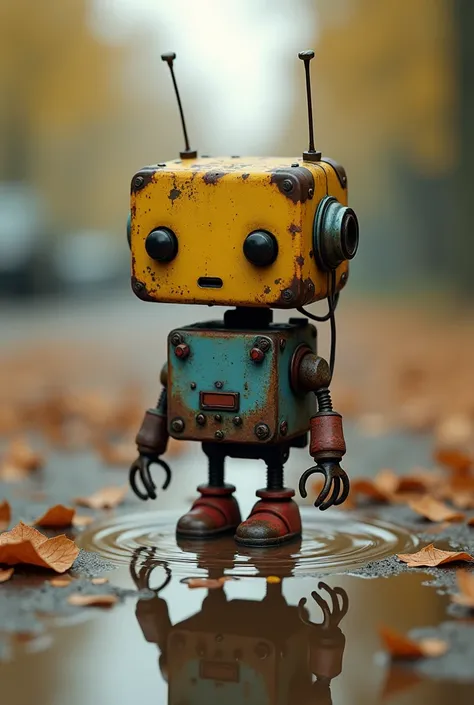 Style and type: The image is a high-resolution digital artwork. Layout: The subject is centered in the frame, standing on a wet, reflective surface surrounded by fallen leaves. Subject: The subject is a small, humanoid robot with a boxy, weathered yellow h...