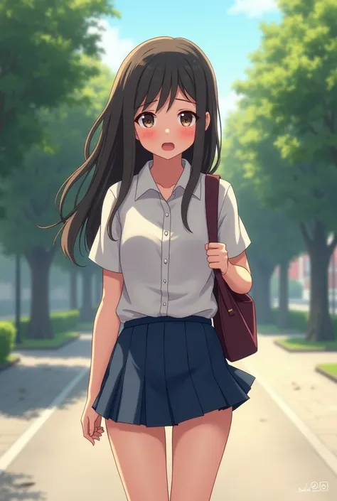 Draw a high school girl wearing a short skirt on her way to school and suddenly she realizes she forgot to wear underwear. 