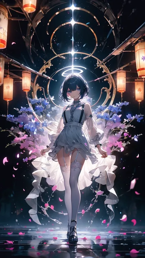 ((masterpiece, best quality)), Epic battlefield atmosphere，Angel，Royal sister，Halo，A display of fireworks and a sea of lanterns，Silver Bell Ice Heart，Magician，Petals falling，A meticulous face，Standing image，Perfect body proportions，Long legs，Stylish short ...