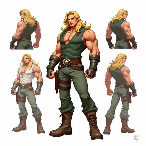 ANIME character man, Whole body, standing, strong, long blonde hair, ((design sketches)), (masterpiece), extremely detailed, (reserved original design), (Random poses), leader, (unique accessories), (CLOTHES, green vest, Cowboys), (barbuda way) professiona...