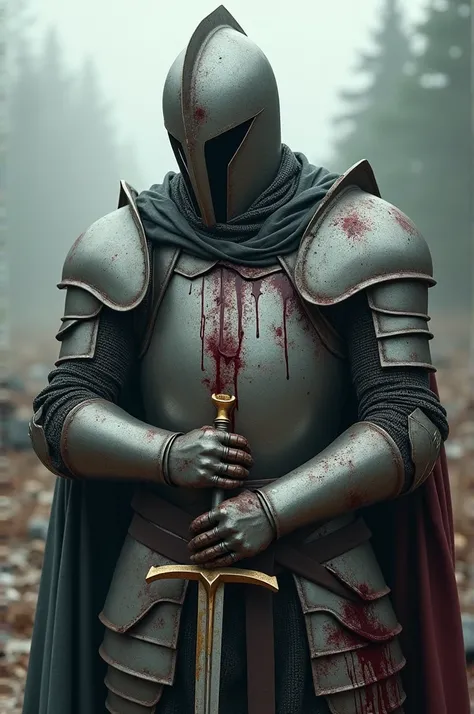 A knight in full armor, but it is worn and broken, a little blood is dripping down his body, his head is held in place by his helmet, but inside the helmet you can see a glass and the knight&#39;s sword, broken in half, with blood on the tip. 