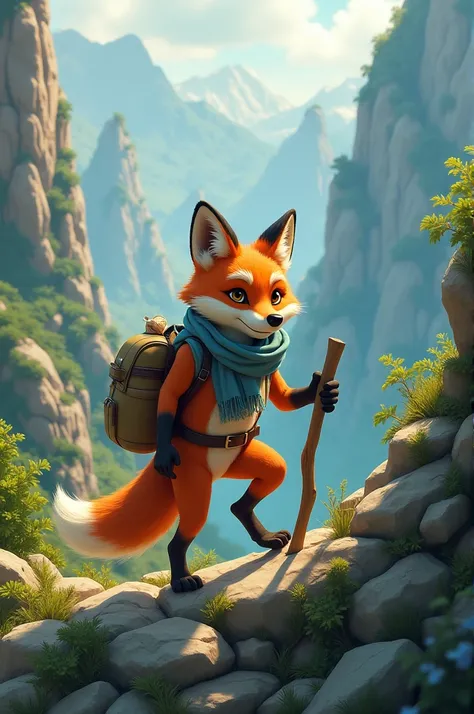 A fox with a towel around his neck and a bag in his hand is climbing a mountain with the help of a stick