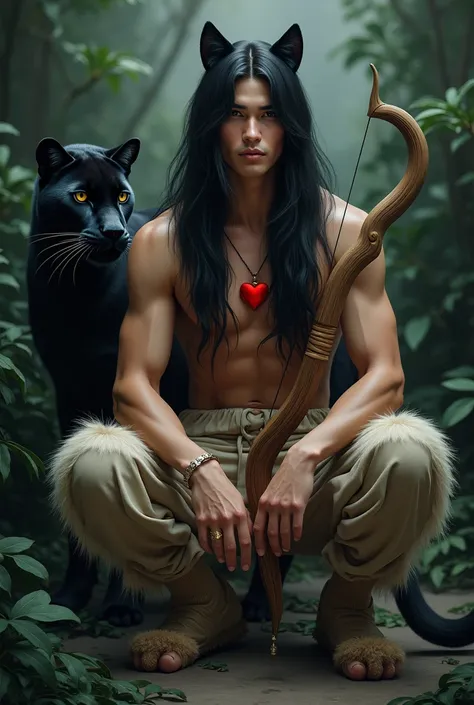 A very handsome young man with long black hair down to the floor and bangs to the side. He is a handsome man with masculine features.. He has very tanned skin.. He is shirtless. He has a red heart pendant on his chest.. He has panther ears on his head.. He...