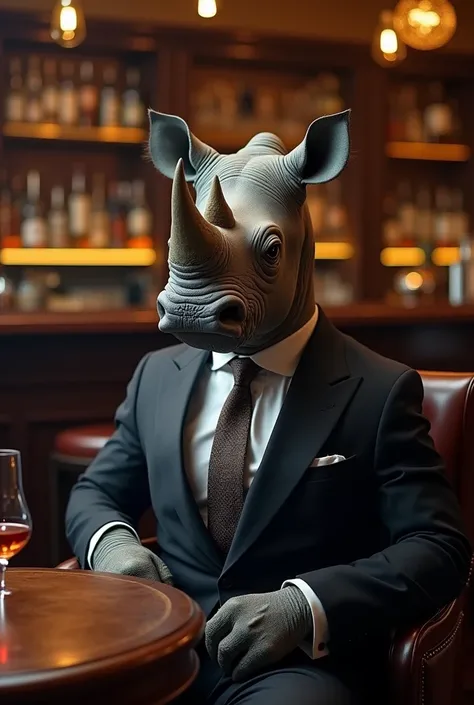 photo of a rhino dressed suit and tie sitting at a table in a bar with a bar stools, award winning photography, Elke vogelsang