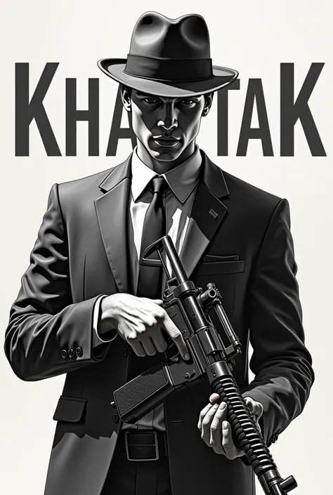 Create a sketch of a young mafia boy with a stylish yet intimidating look. The boy should be dressed in a sharp suit and a fedora hat, exuding a confident demeanor. He should be holding a machine gun with a firm grip. In the center of the image, write the ...