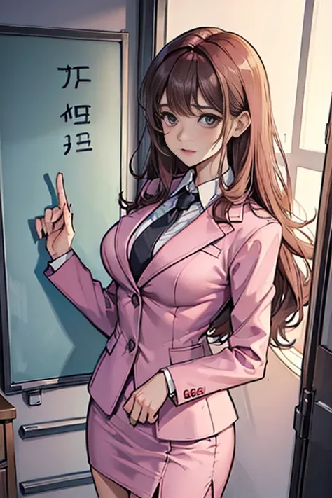 (Secretary Woman:1.3), (businessman:1.2), (Standing posture:1.2), (whiteboard:1.3), (Thought expression:1.2), (Planning Sessions:1.1), (Office Background:1.0), (pink skirt suit:1.1), (long curly brown hair:1.1), (Write on the board:1.0), (Retention markers...