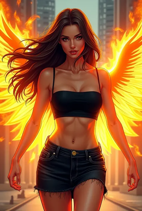 Woman age27 hair color brown wear tubetop black and wear skirt jeans black skin color tan have phoenix wing using a power phoenix force Make it in marvel comic panel