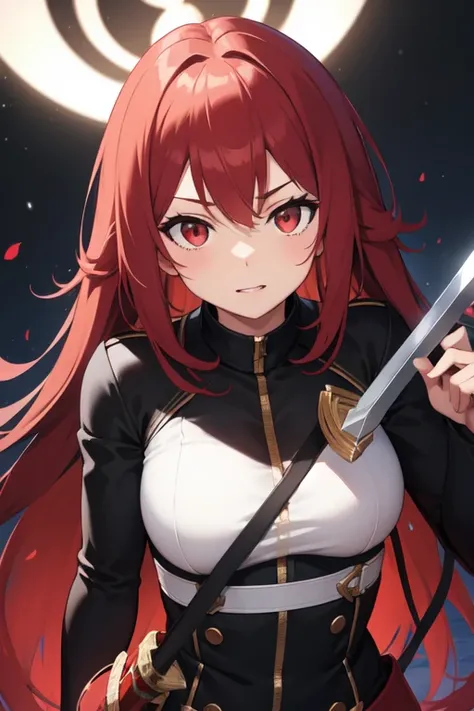 Dyed long red hair, female, bright red eyes, holding sword, 