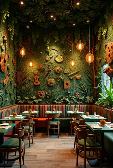 Jungle theme resturant decor and also wall sculpture on few walls with karoke and music theme on a single wall 
