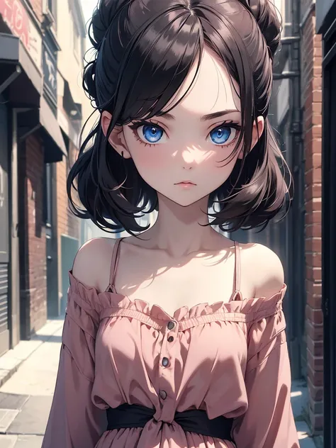 (8K, Best Quality, Masterpiece, Ultra High Resolution) Single Person, 1 Girl, Young, Child, Cute Eyes, Face Details, Pale Skin, Slender, Short, Flat Chest, Dark Black Hair, Hair Buns, Blue Eyes, Pink Eyeshadow, Hair Bow, Dark Alleyway, Best Quality, Upper ...