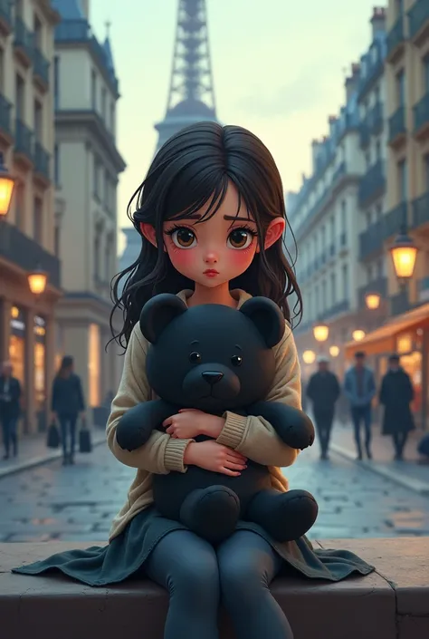  she is so beautiful gril he hand a black teddy she is so cute cute cute cute she sitting a Paris 
cartoon white and dreas but so sad sad sad 