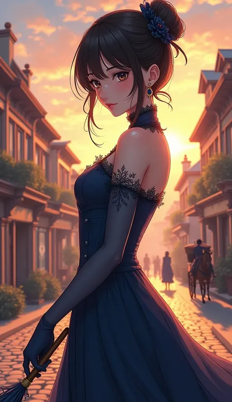 A captivating anime illustration of a refined and alluring female character, adorned in an exquisite dark blue Victorian-inspired microdress with a high collar and intricate lace patterns. She gracefully holds an ornate umbrella, adorned with delicate desi...