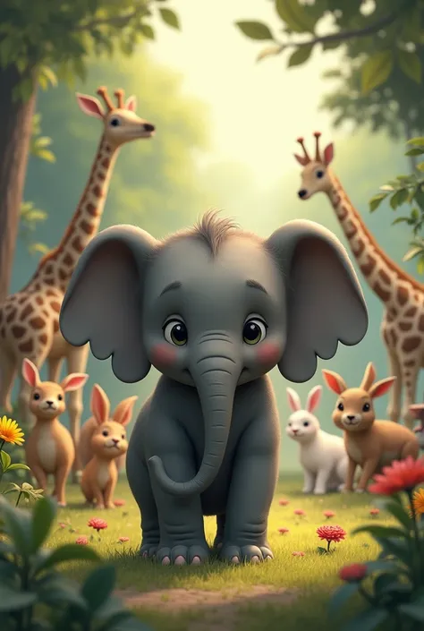 draw a sad baby elephant standing in front of giraffe, dear and rabbits who are happy.