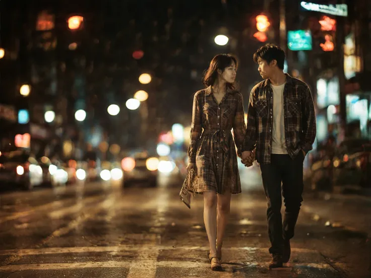 a striking, ultra-detailed image of a young korean couple strolling hand-in-hand on a bustling night street. the man is dressed ...